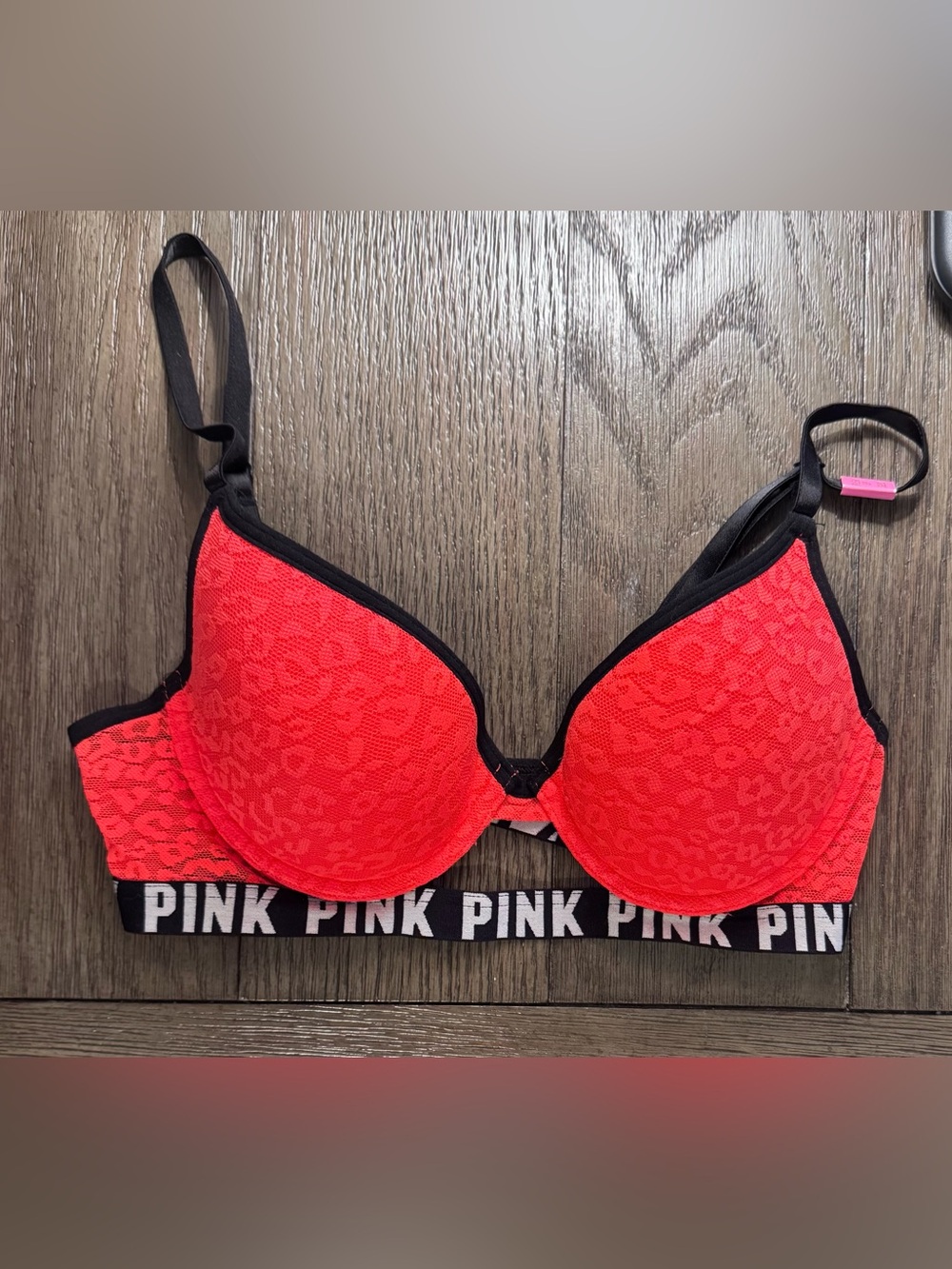 PINK Victoria's Secret orange Lace-Texture Push-Up Bra with Branded Band